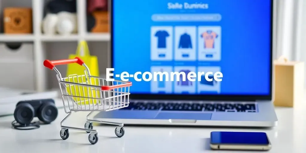 A vibrant e-commerce workspace with products and a laptop.