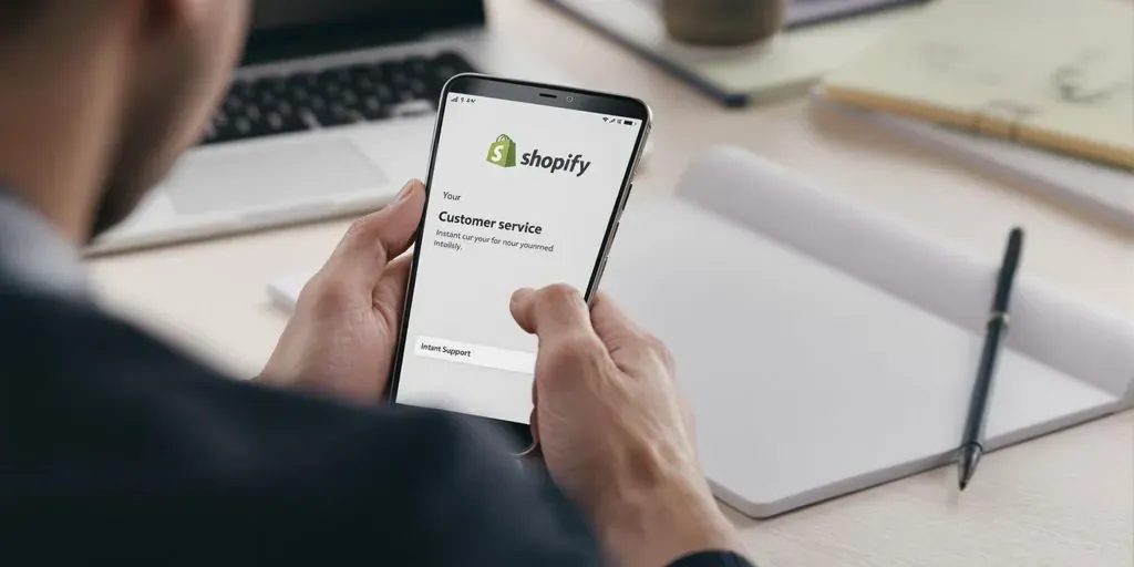 Person on smartphone with Shopify logo in a workspace.