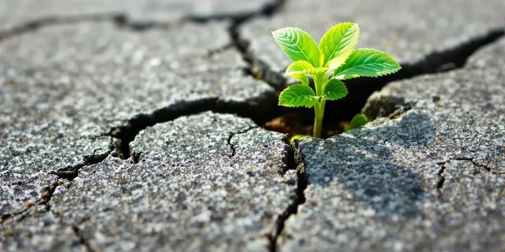 A green plant emerging from cracked concrete.