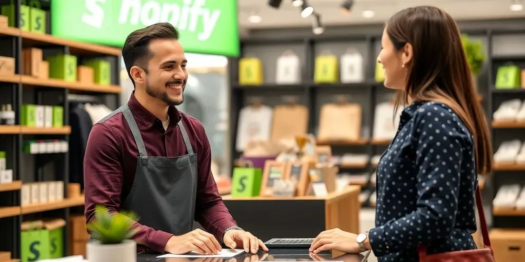 Customer service agent assisting a happy customer at Shopify.