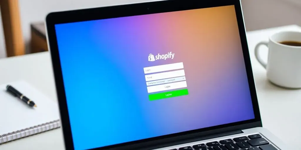 Laptop showing Shopify login page with workspace elements.