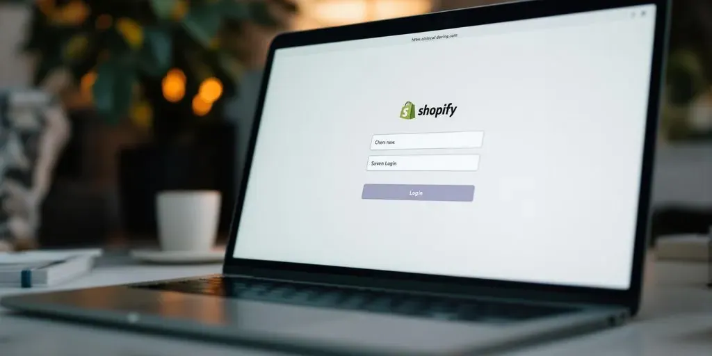 Laptop showing Shopify login page in a cozy workspace.