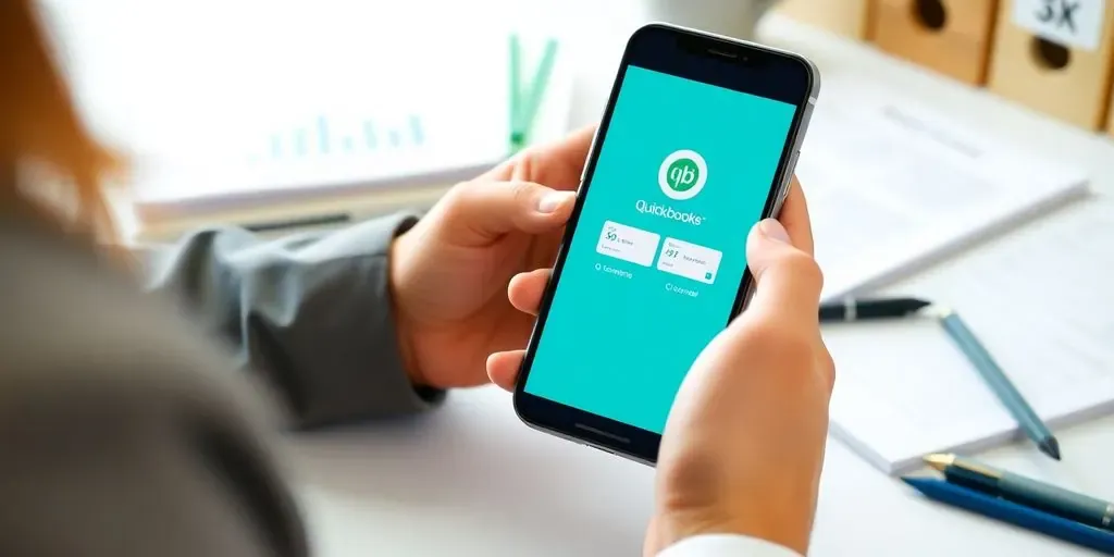 Business professional using QuickBooks Online Mobile App on smartphone.