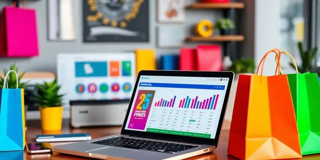 E-commerce workspace with modern technology and shopping bags.