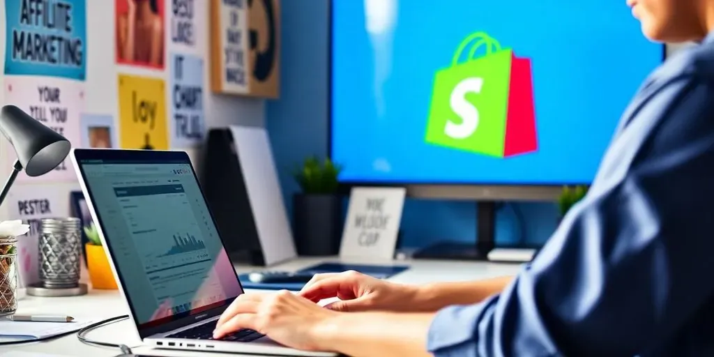 Person using laptop, Shopify logo in background.