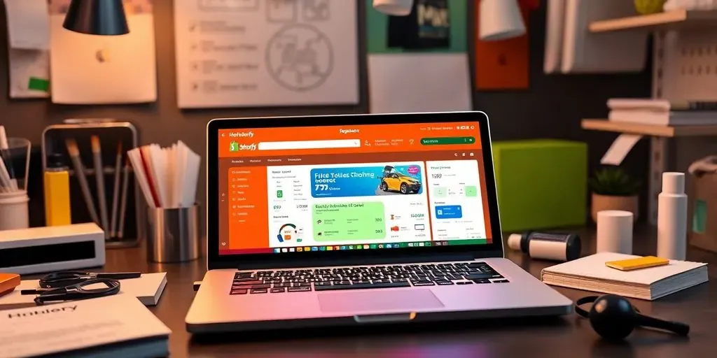 Laptop displaying Shopify dashboard with e-commerce tools.