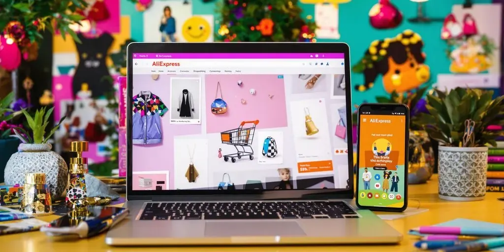 E-commerce scene with products, laptop, and smartphone interface.