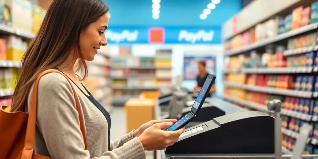 Shoppers using mobile phone for in-store payment with PayPal.