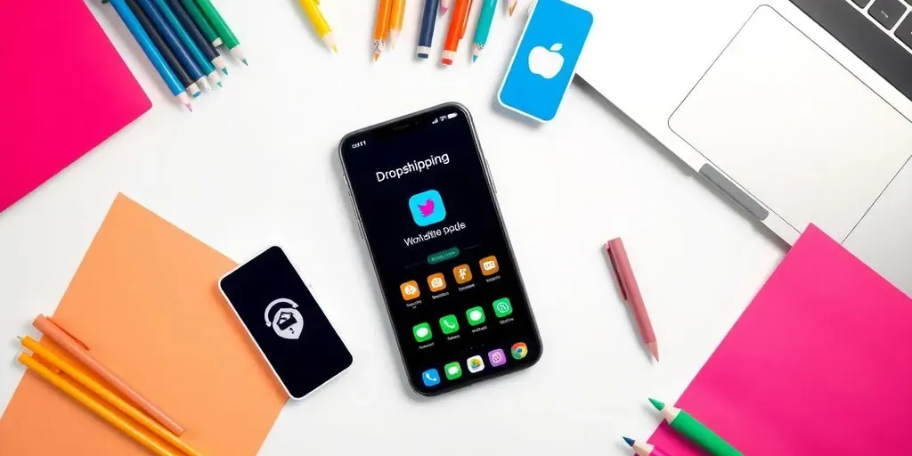 Smartphone with dropshipping apps on a creative workspace.