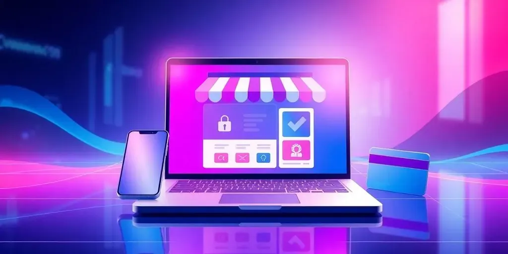 Futuristic laptop and smartphone featuring credit card in vibrant style.