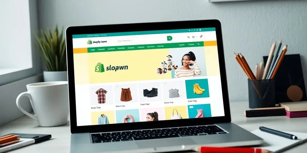 Laptop showing vibrant Shopify Dawn theme interface.