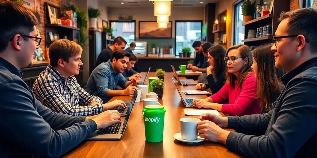 People discussing Shopify stock in a lively coffee shop.