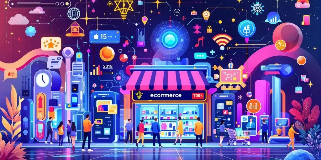 Futuristic ecommerce tools and vibrant digital shopping experience.