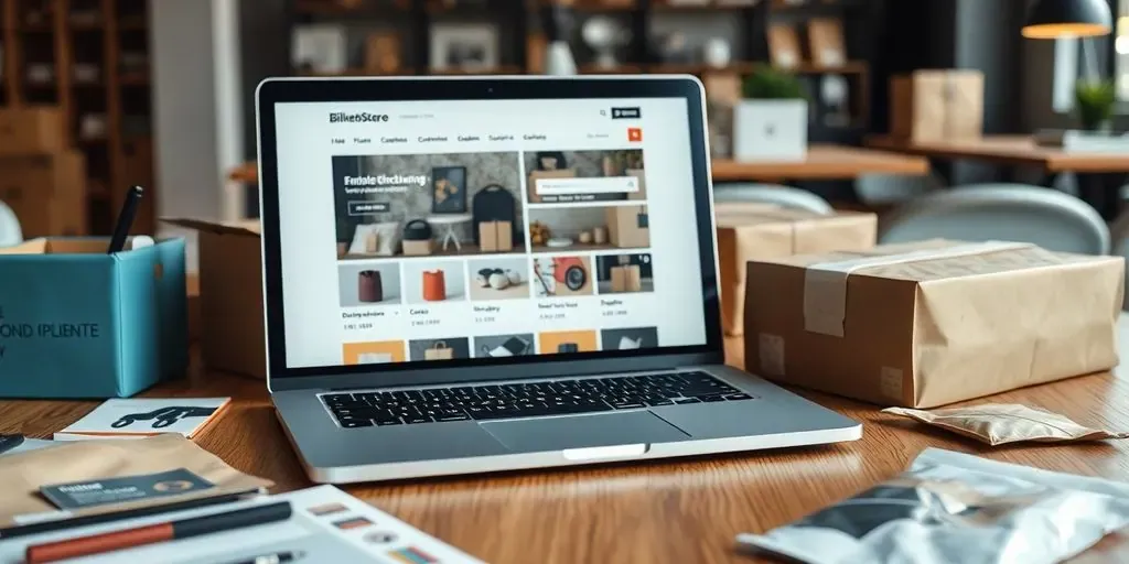 Laptop with online store and dropshipping materials on table.