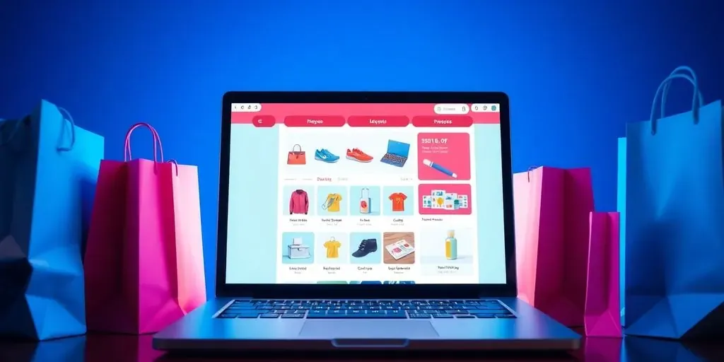 Modern e-commerce store on laptop with shopping bags.