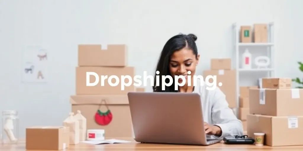 Person working on a laptop with products and boxes.