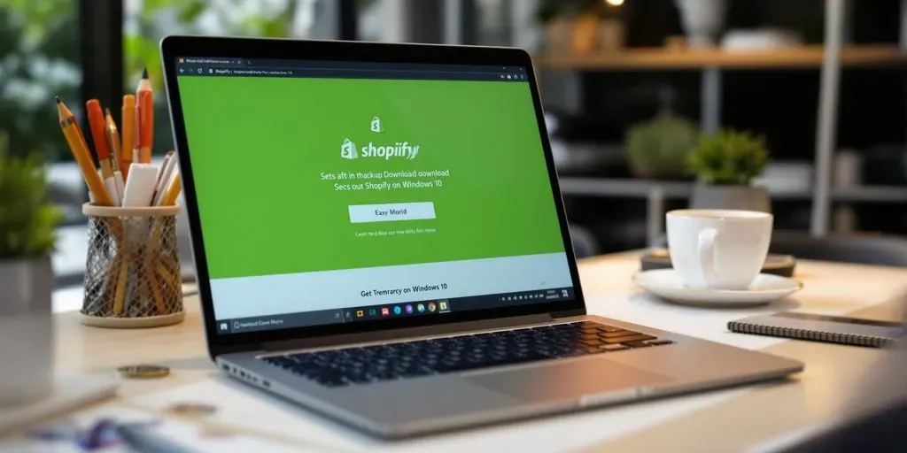 Laptop showing Shopify download page in a workspace.
