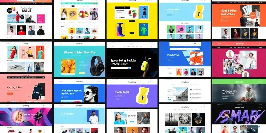 Collage of vibrant Shopify store designs and themes.