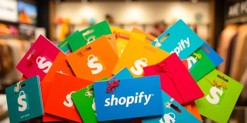 Colorful assortment of Shopify gift cards on display.