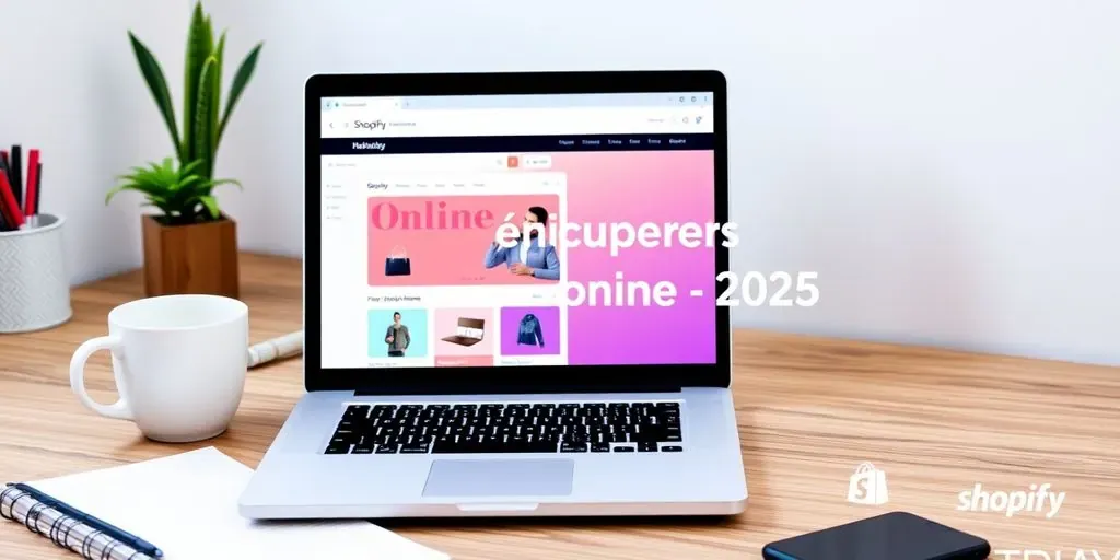 Laptop displaying online store interface with coffee and notebook.