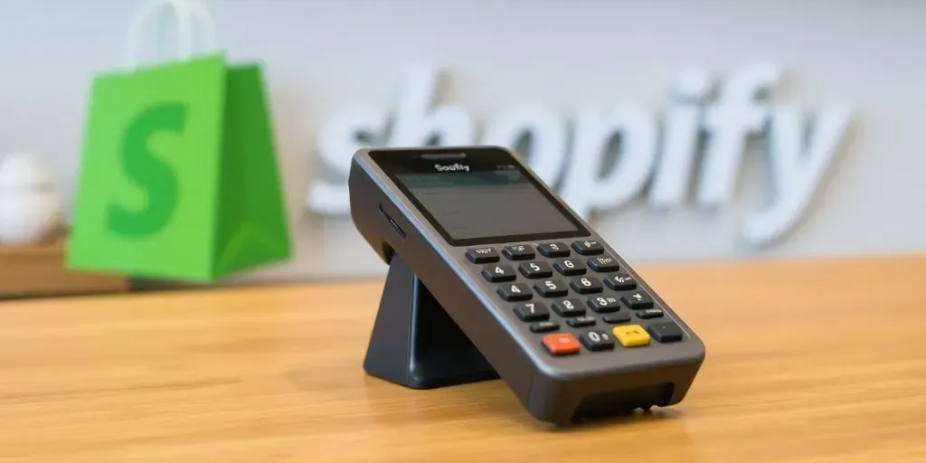 Modern card reader on a counter with Shopify logo.