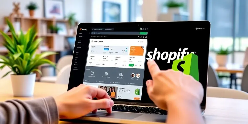 Laptop with Shopify dashboard and collaborative workspace.