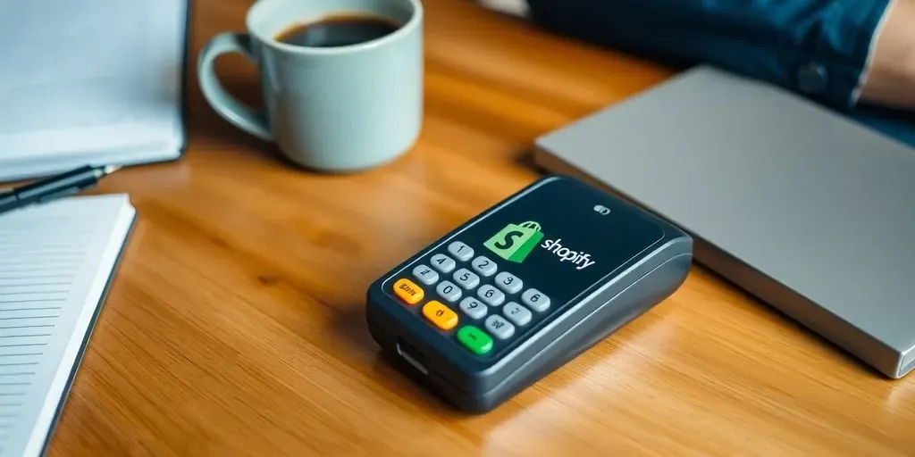 Shopify card reader on a wooden table with items.