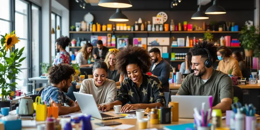 Diverse entrepreneurs collaborating in a modern e-commerce workspace.