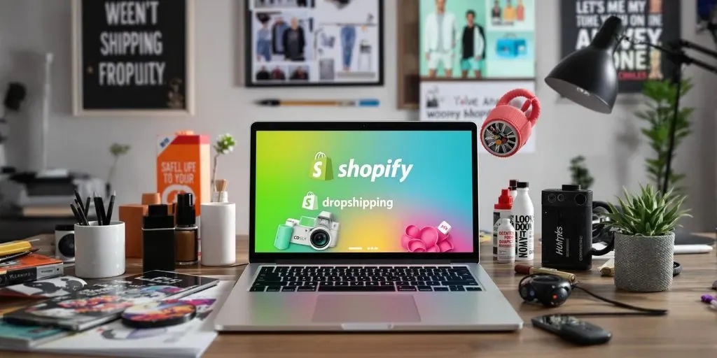 Laptop with Shopify interface and diverse products around it.