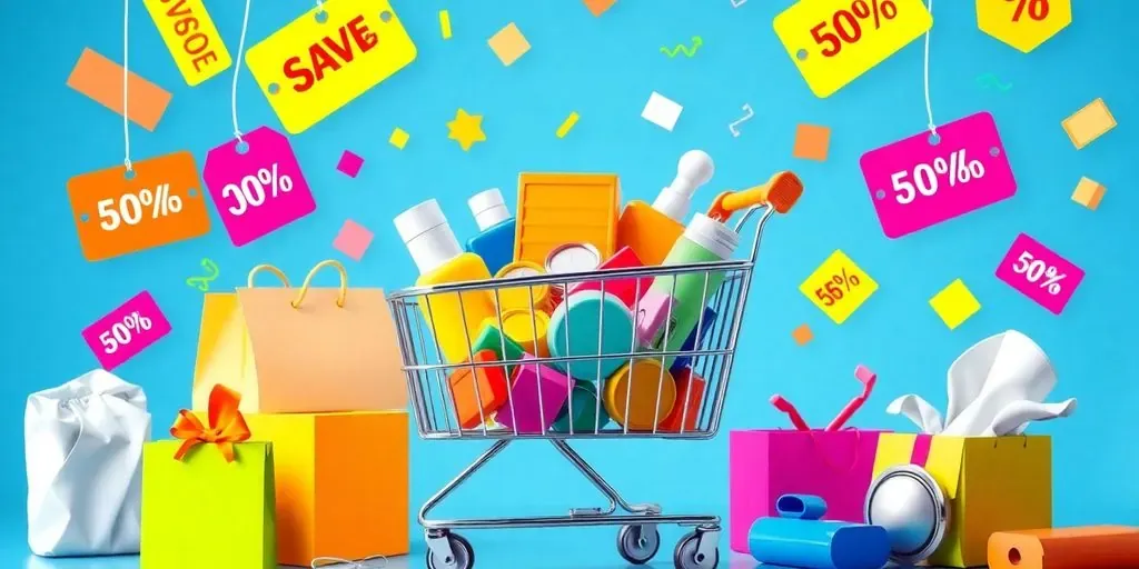 Shopping cart filled with products and discount tags.