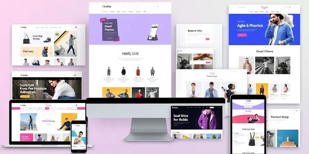 Colorful Shopify themes on devices for online stores.