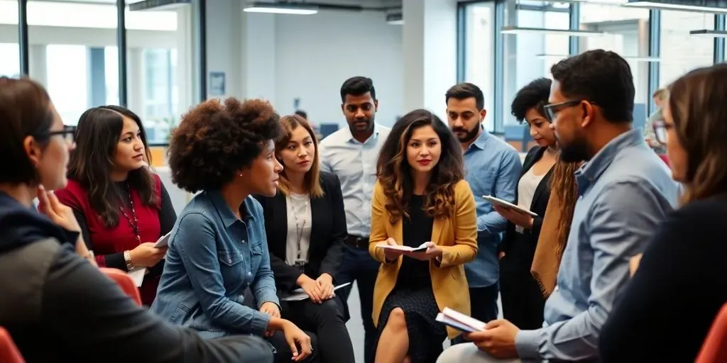 Diverse professionals discussing Shopify layoffs in an office.