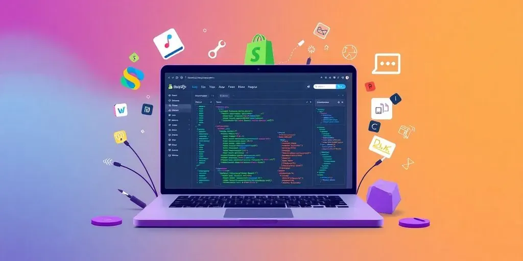 Laptop with Shopify dashboard and code snippets.