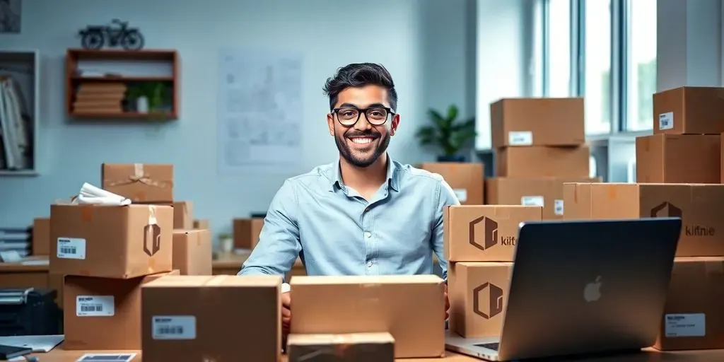 Entrepreneur with packages in a modern workspace.