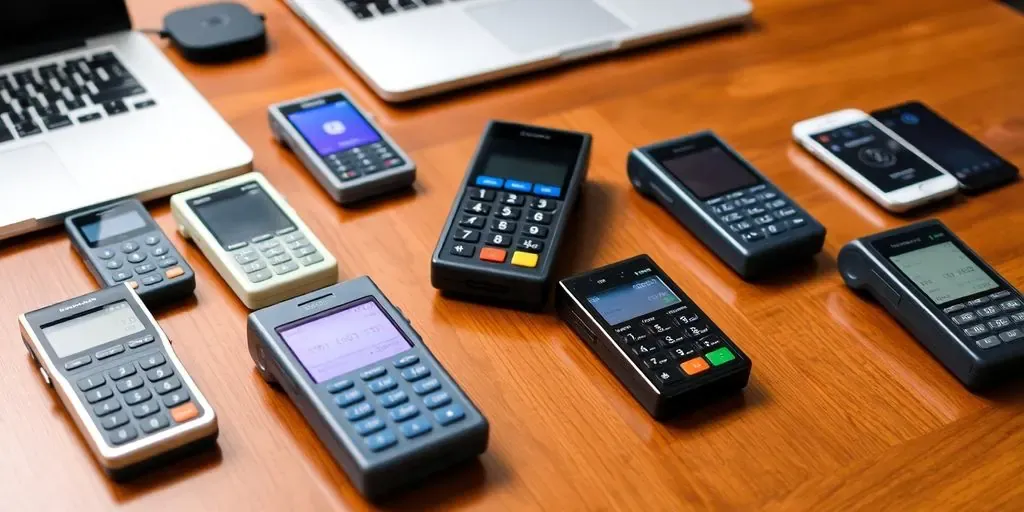 Modern card readers on a table with tech devices.