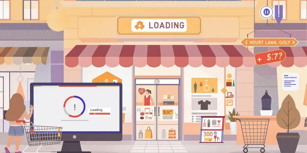Digital storefront with a loading icon and empty cart.