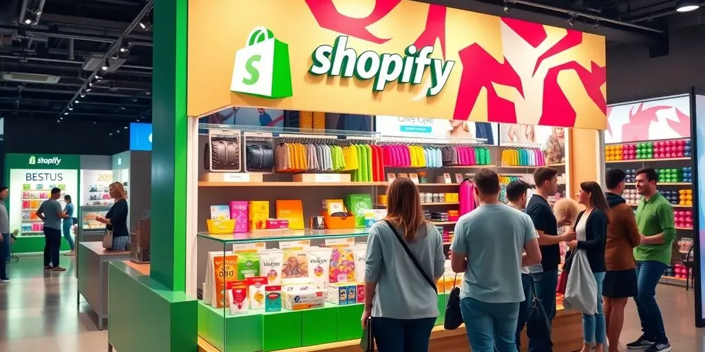 Vibrant Shopify store display with colorful products and customers.