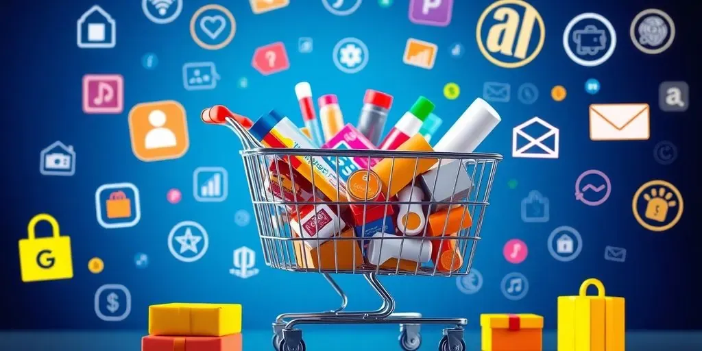 Shopping cart full of products with digital sales icons.