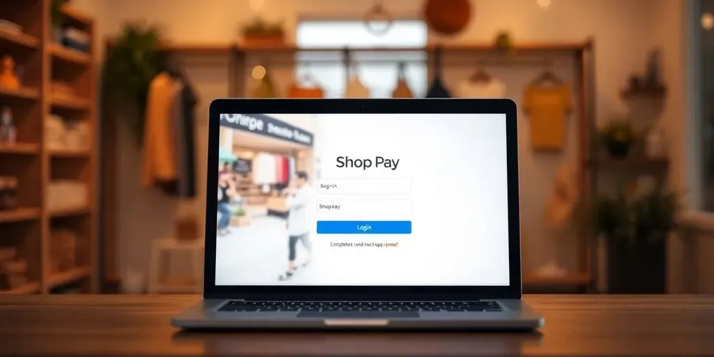 Shop Pay login page on a laptop in a cozy setting.