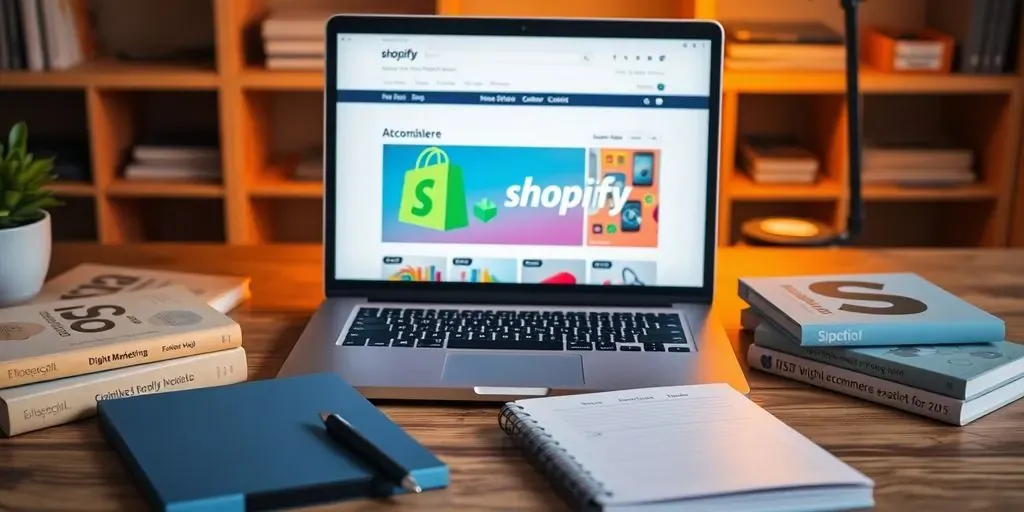 Laptop with Shopify and SEO books on a desk.