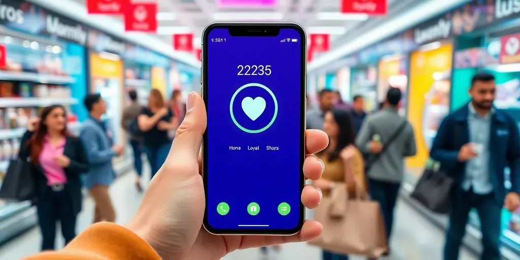 Smartphone with loyalty app in a shopping setting.