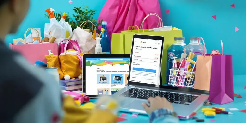 E-commerce scene with shopping bags and a laptop.