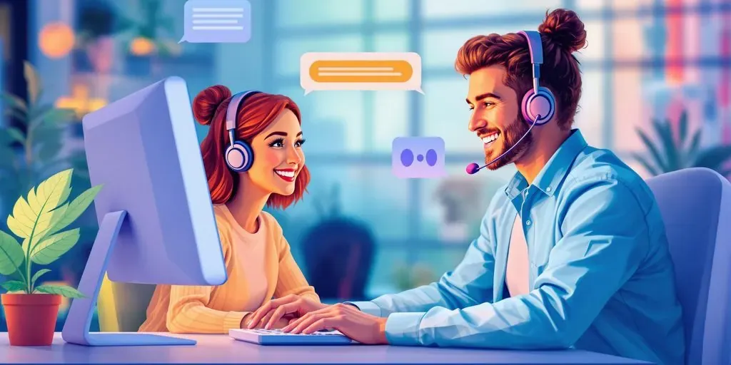 Customer support agent assisting happy customer through chat.