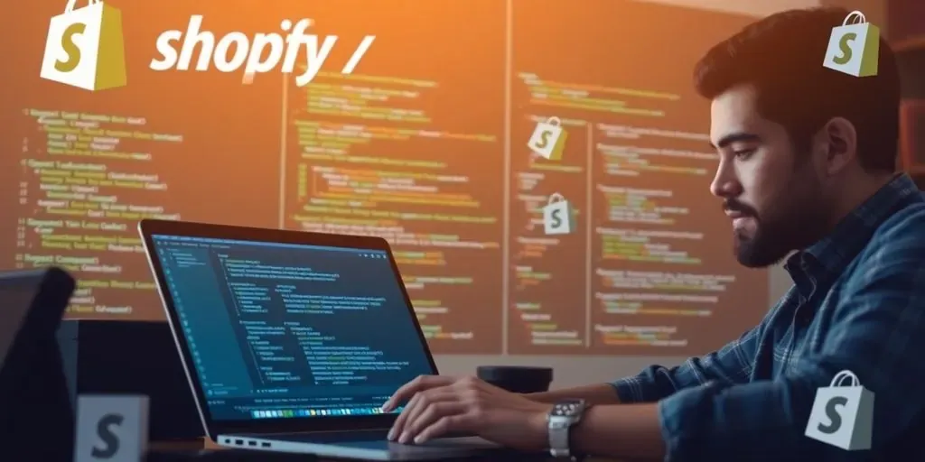 Developer coding on laptop with Shopify elements visible.