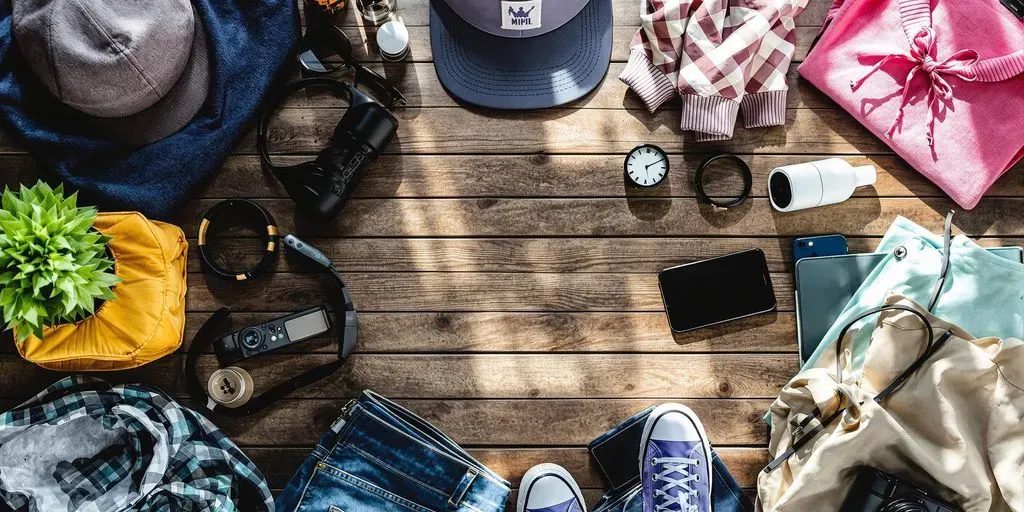 Flat lay of trendy dropshipping products on a surface.