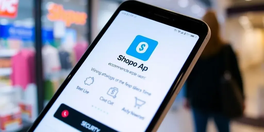 Smartphone with Shop App interface in a shopping environment.