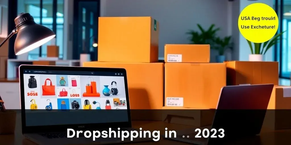 Modern workspace with dropshipping products and shipping boxes.