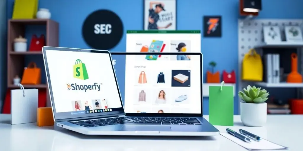 Photograph of a modern Shopify store setup with laptop.