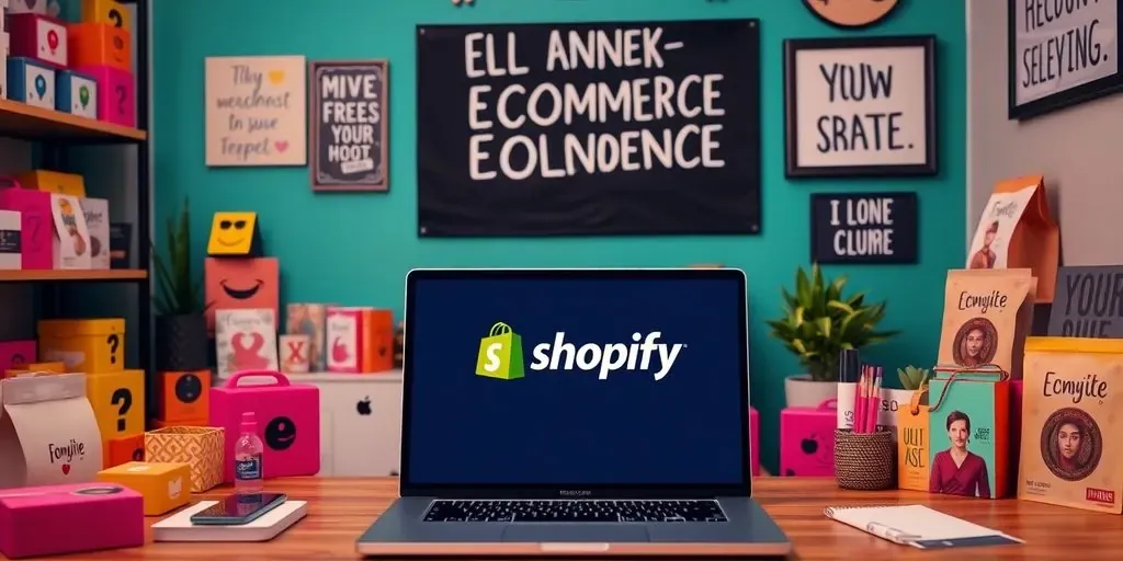 E-commerce workspace with Shopify laptop and colorful products.