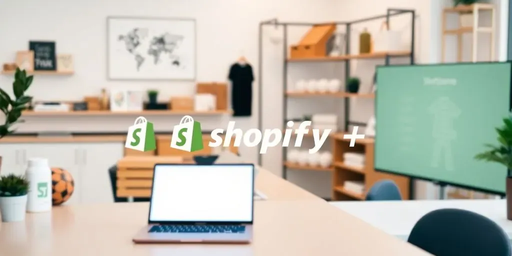 E-commerce workspace with laptop and Shopify Plus logo.